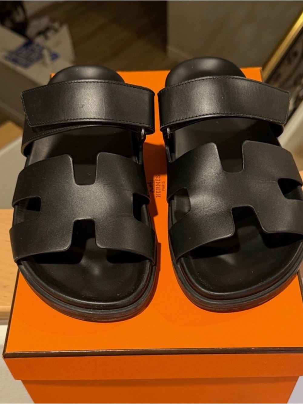 Hermes Black Leather H-Cut Strap Sandals